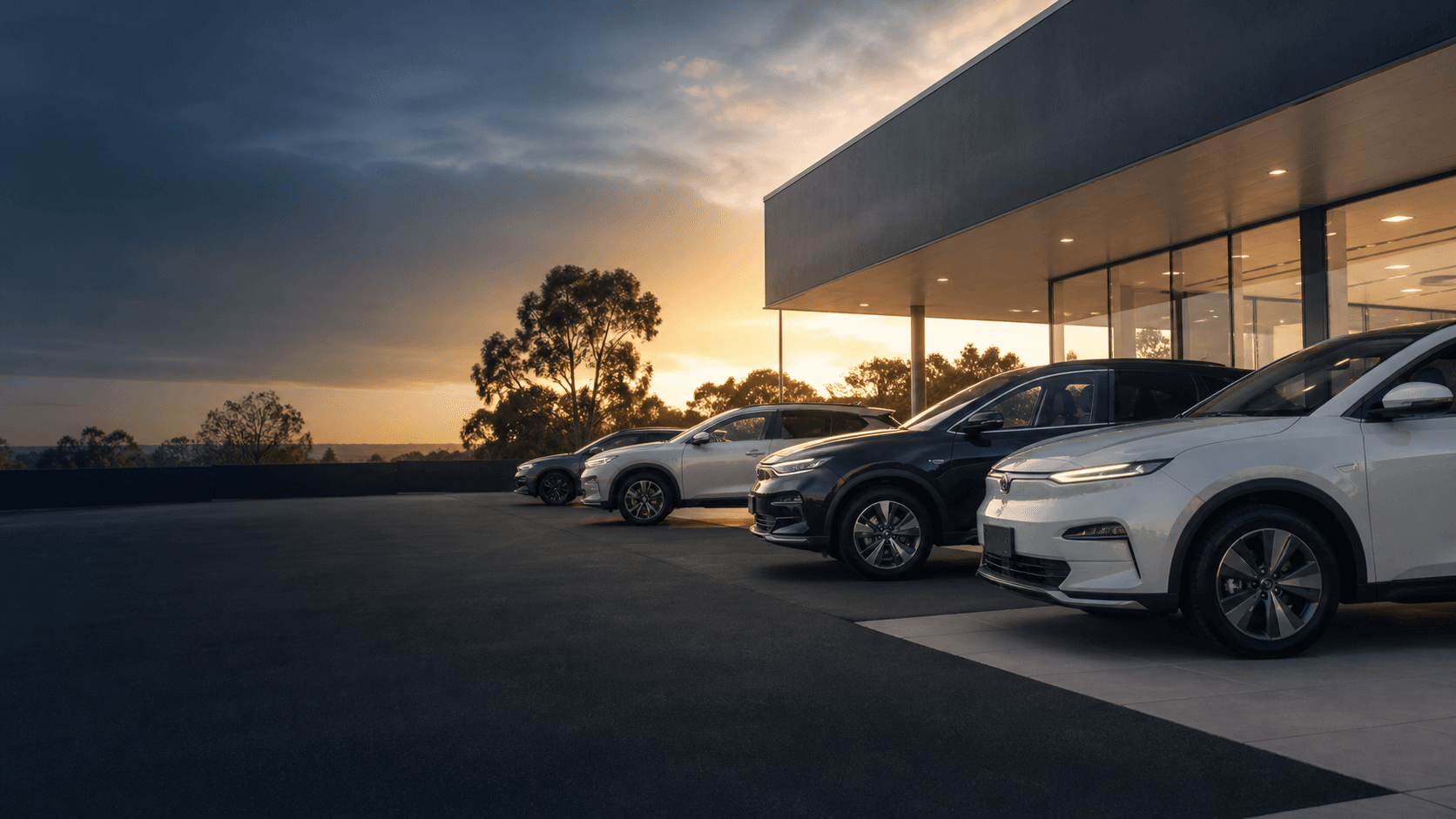 Australian dealership forecourt at dusk